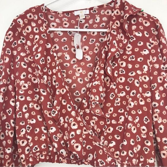 Charming Charlie Burnt Orange Ruffled Wrap Front Autumn Crop Blouse NEW - Picture 2 of 14